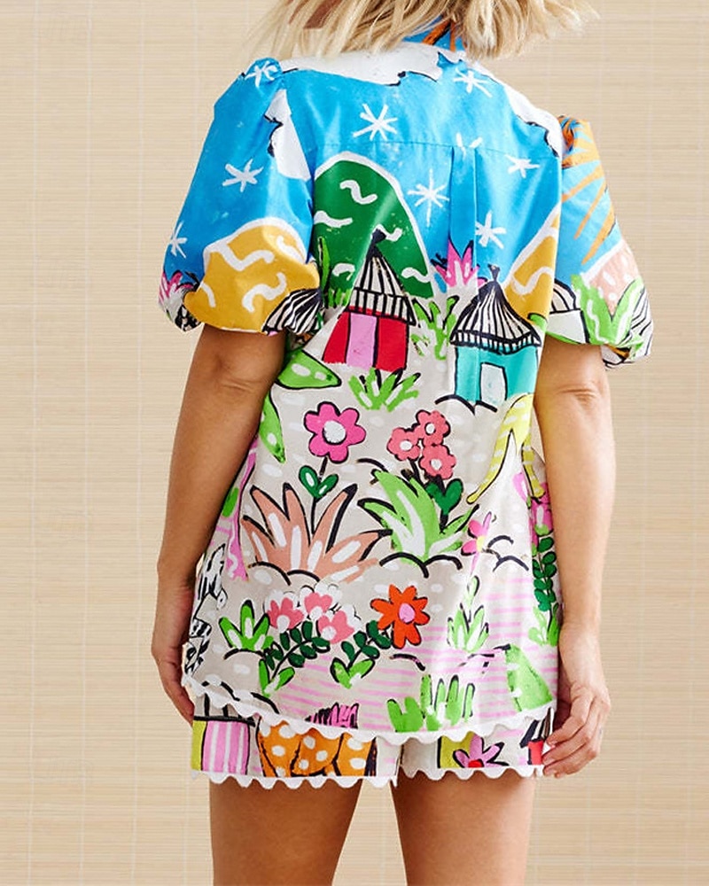 Women's Fashion Streetwear Cotton Linen Sets Shorts Sets Short Sleeve Shirt Collar Floral Print Daily Wear Date Blue Summer Regular Fit 2025 - $32.99 –P5
