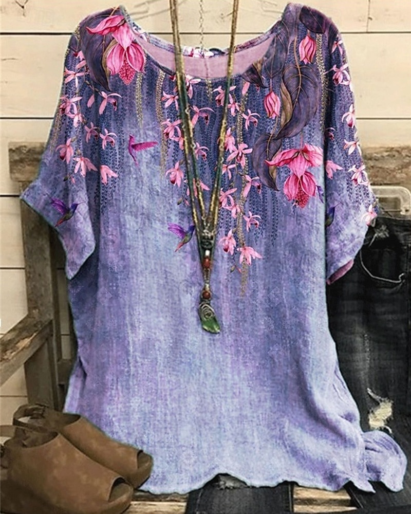 Femmes Chemise T-shirt Imprimé Élégant Mode Moderne Manche Courte Col ras du cou Hauts Réguliers Quotidien Week-end Blanche Jaune Bleu Violet Parme Été de 2025 ? $16.99 –P4