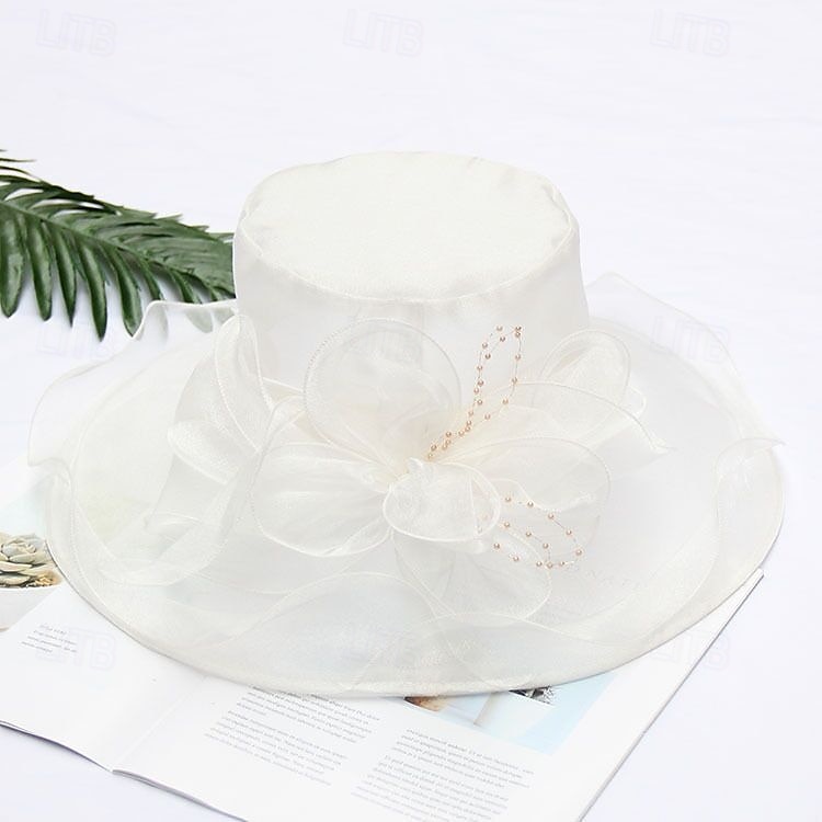Hatter organza Bryllup Aftenselskap Te Fest Strand Hesteløp Elegant søt stil Solbeskyttelse Med Blomster Hodeplagg Hodeplagg 2025 - $16.99 –P15