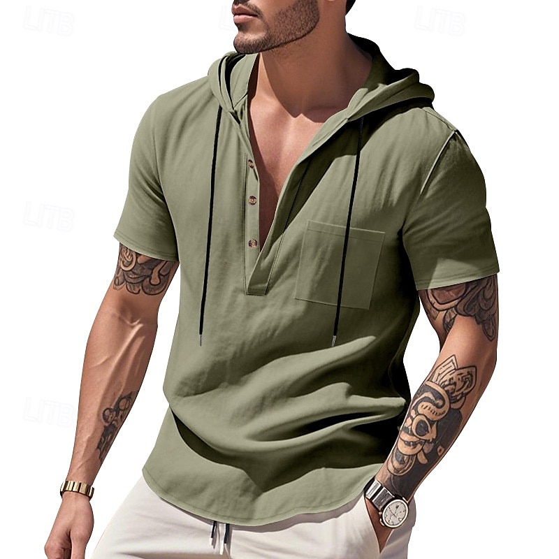 Men's Shirt Linen Shirt Popover Shirt Casual Shirt Cotton Shirt Plain Vacation Street Black White Navy Blue Brown Short Sleeve Hooded Summer Clothing Apparel Lace up 2025 - $22.99 –P17