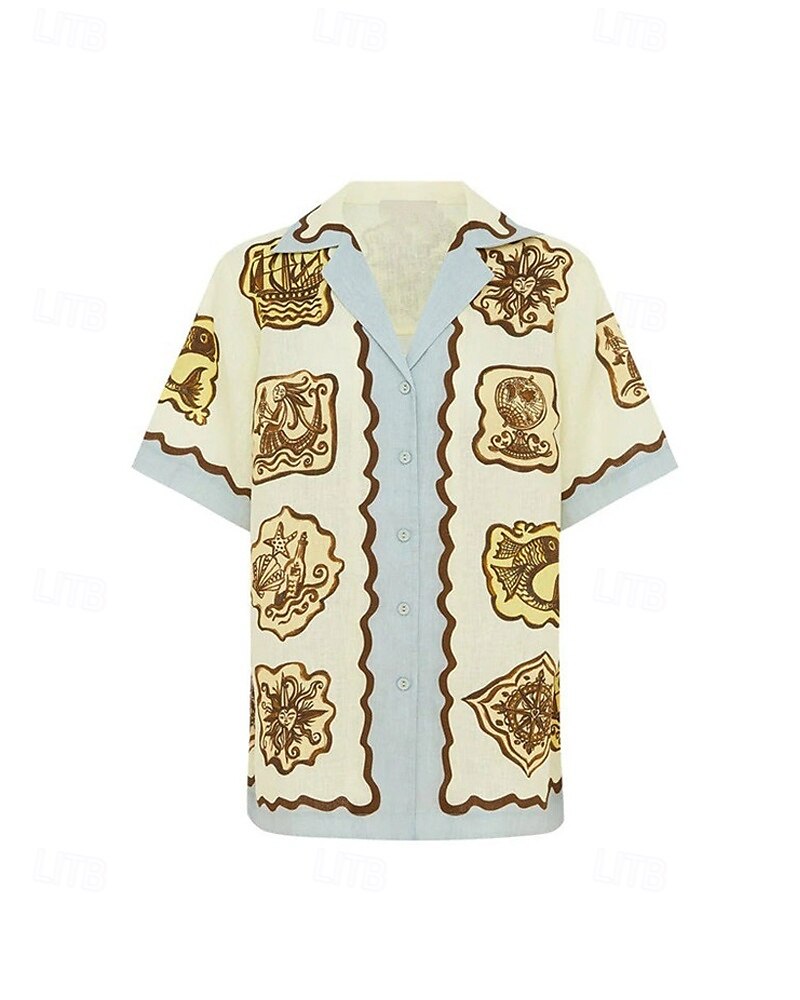 Mulheres Moda Roupa de rua Camisas de algodão e linho Conjuntos de linho de algodão Conjuntos de calças Manga Curta Colarinho de Camisa Floral Imprimir Roupa Diária Encontro Azul Verão Normal de 2025 por $43.99 –P7