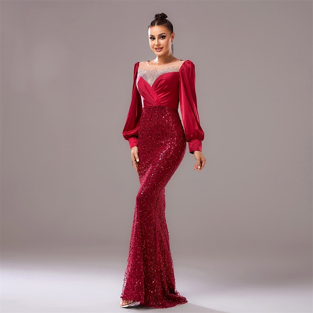 Robe de soirée noire cravate noire robe élégante mariage invité longueur au sol manches longues col rond sequins avec plis de 2025 ? $135.99 –P6