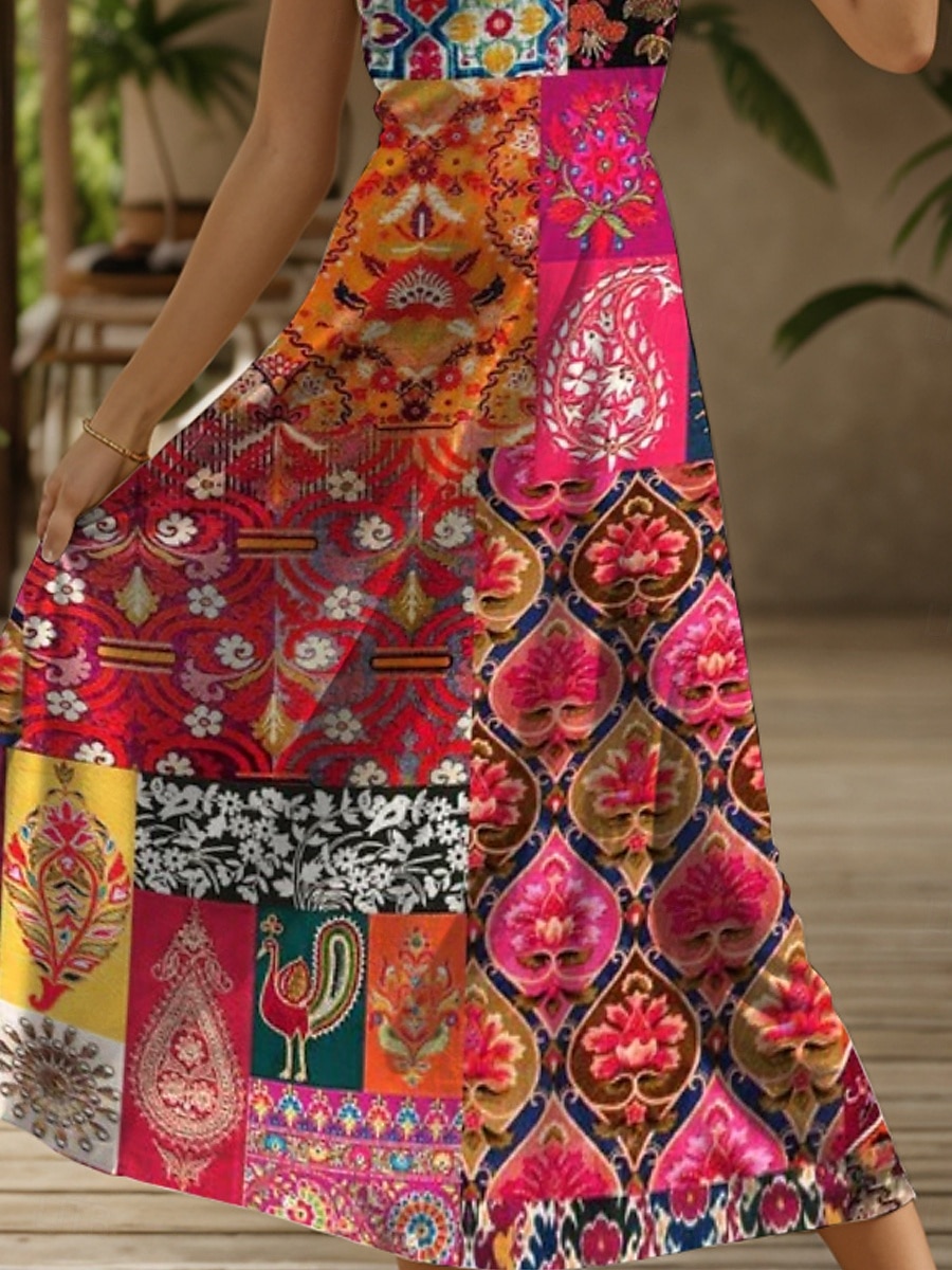 Dam Maxiklänning Solklänning A linjeklänning Slipklänning Semester Ledigt Boho Strand Normal Grafisk Årgång Bohemisk Ärmlös V-hals Gul Rubinrött Blå Purpur Sommar Vår 2025 - $28.99 –P3