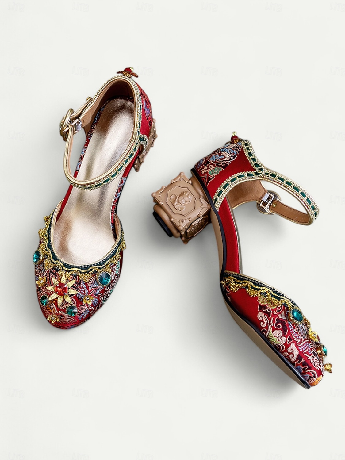Tacones de bloque bordados barrocos de mujer estilo real dorado inspirado en el Gatsby de los años 1920 con adornos de piedras preciosas para ocasiones formales escénicas y de vestuario 2026 - $129.99 –P5