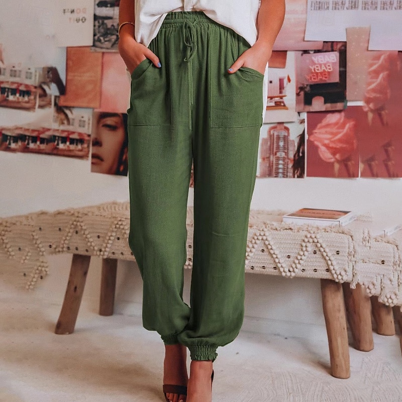 Femmes Slacks Pantalons Occasionnel Longueur complète Naturel Uni Avec Poches Conception à cordon élastique Confortable Extérieur Fête Décontracté Quotidien Week-end Vin Noir Vert Claire Vert Véronèse de 2025 ? $18.99 –P16