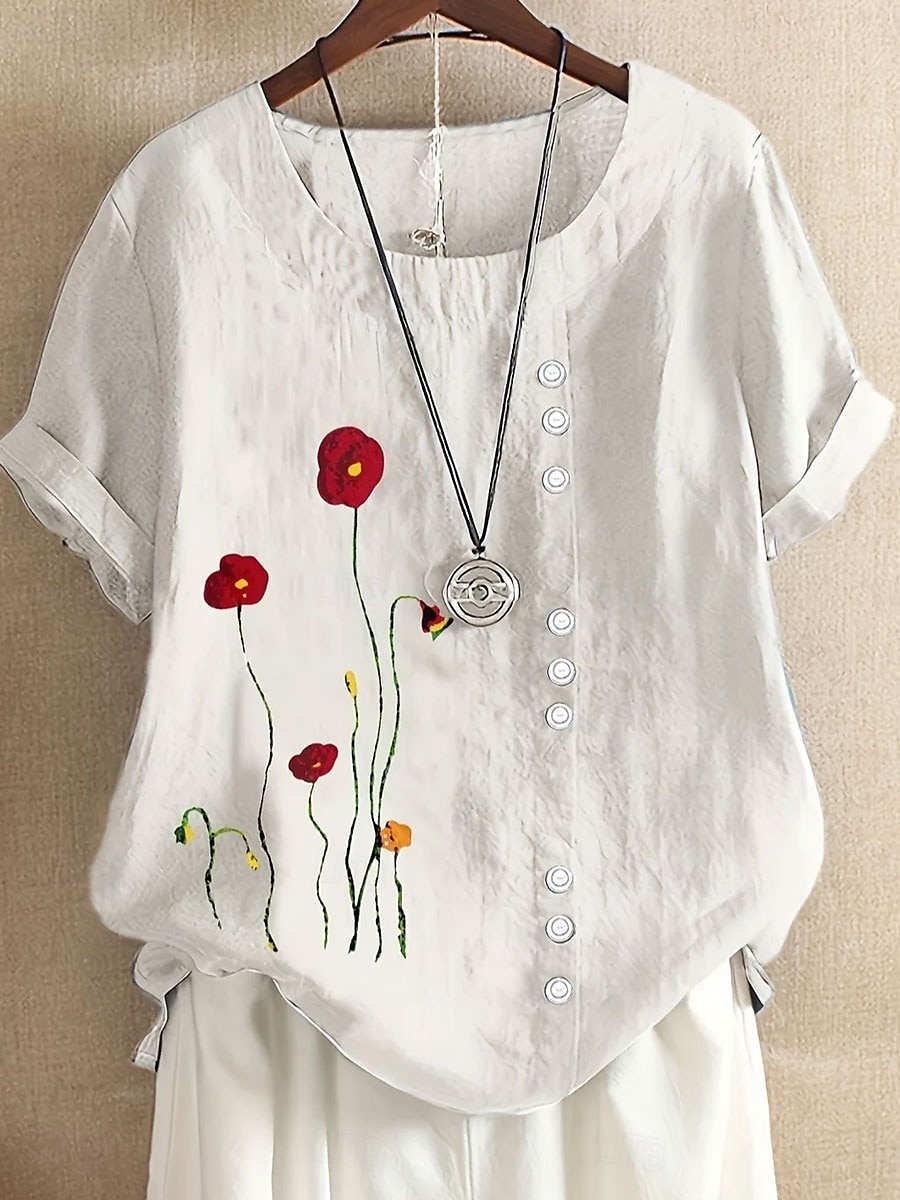 damebluse i bomull og lin, blomstrete, grafisk, vintage, avslappet, korte ermer, rund hals, vanlig topper, daglig, ute, knapper, trykk, asymmetrisk kant, hvit, blå, sommer, vår 2025 - $22.99 –P1