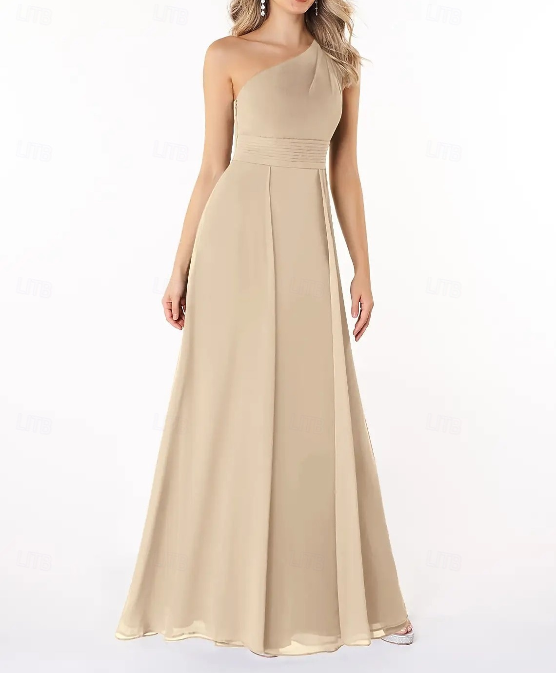 Ligne A Robe de Demoiselle d'Honneur  Une Épaule Sans manches Élégant Longueur au sol Chiffon avec Plis / Fronces 2022 de 2025 ? $151.99 –P3