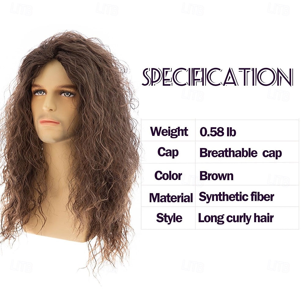 Mens Long Curly Brown Wig Synthetic Hair 70s 80s Rocker Cosplay Costume Halloween Party Wigs 2025 - $27.99 –P4