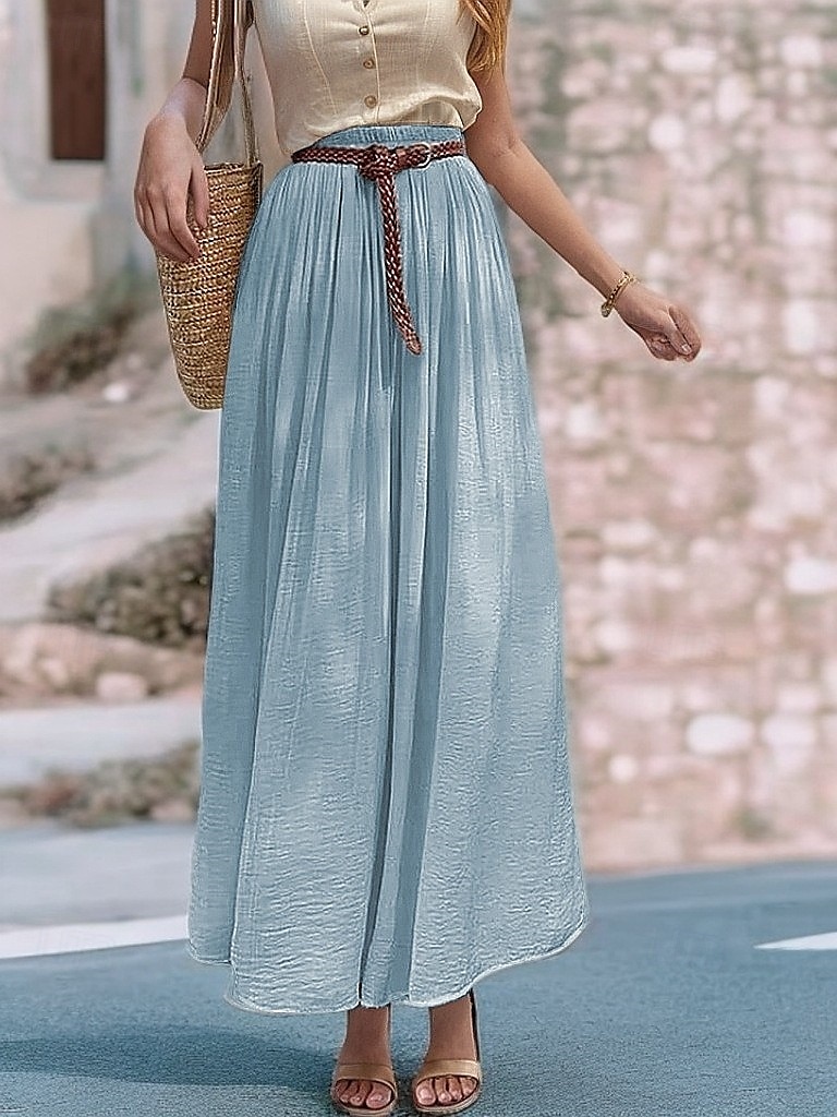 Damen Asiatische Größe Schwingend Leinenröcke Elegant Lässig Midi Hohe Taille Röcke Einfarbig Gerafft Plissiert Fließend Mikroelastisch Urlaub Täglich Wein Schwarz Weiß Rosa Frühling, Herbst, Winter 2025 - $32.99 –P8