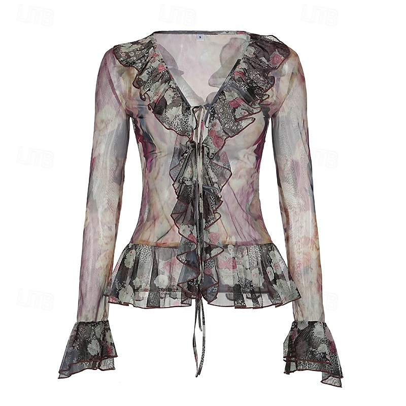 Damen Boho-Hemd Bluse Blume Modern Boho Langarm V Ausschnitt Normale Oberteile Täglich Ferien Netz Druck Purpur Sommer 2025 - $21.99 –P4