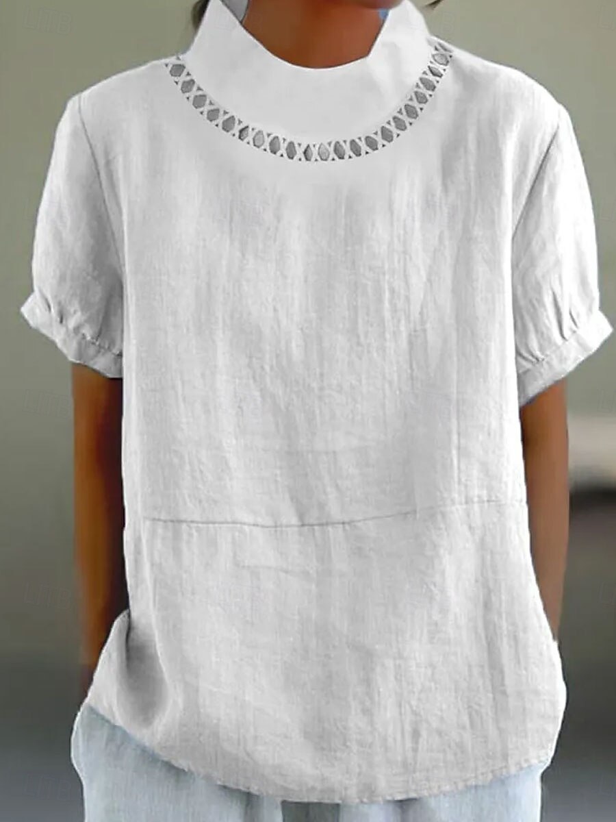 Damen Bluse Kunstbaumwollleinen Einfarbig Elegant Stilvoll Lässig Kurzarm Rollkragen Normale Oberteile Täglich Ferien Blau Weiß Sommer 2026 - $24.99 –P2