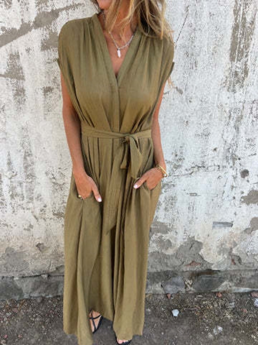 Femmes Robe Longue Maxi Robe Robes en coton et lin Robe Décontractée Robe d'été Mode Basique Moderne Quotidien Week-end Coupe régulière Uni Manche Courte Col en V Blanche Chameau Été de 2025 ? $32.99 –P1