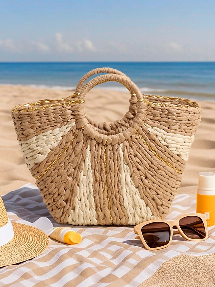 Sac de plage élégant en paille tressée pour femme avec poignées circulaires, grande capacité, design bohème écologique, parfait pour l'été, les vacances et les excursions d'une journée de 2025 ? $26.99 –P5