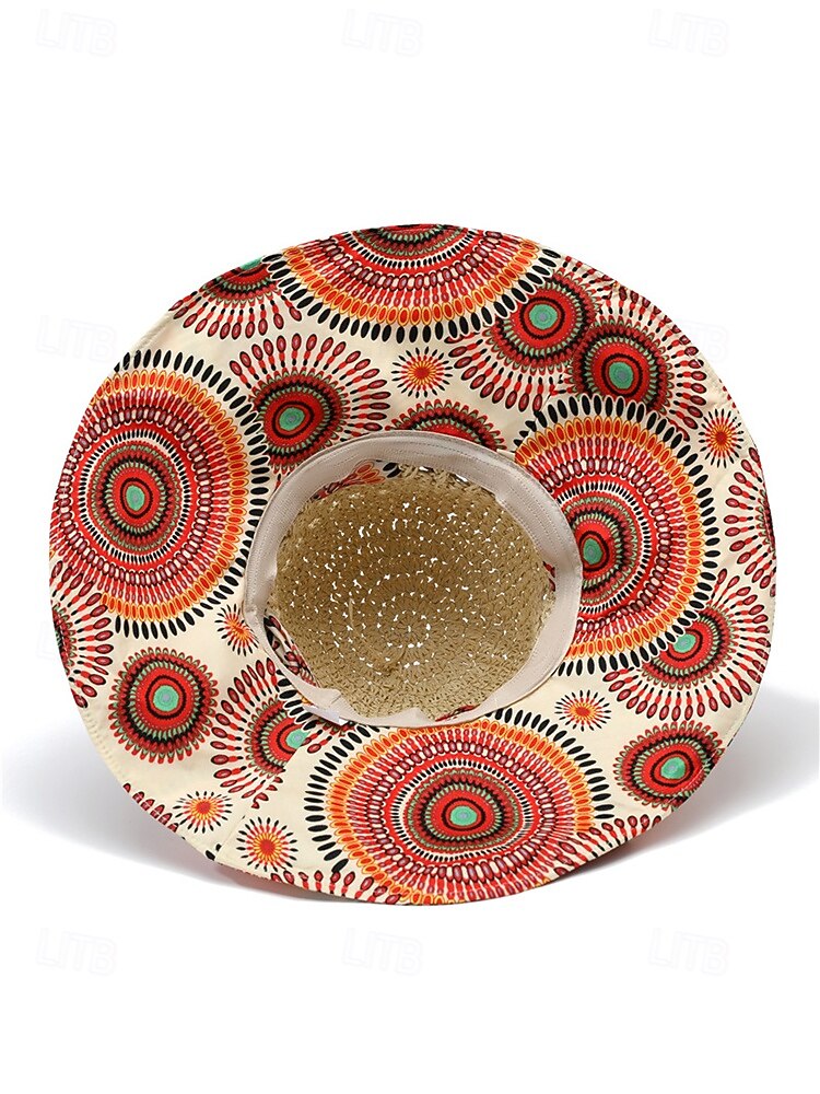 Women's Wide Brim Straw Sun Hat with Colorful Ethnic Print Bow – Boho Style Foldable Beach Hat for Summer Travel and Vacation 2025 - $14.99 –P6