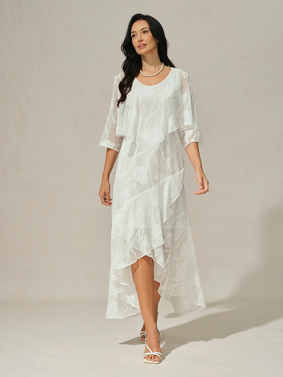 Dame Trekker på skuldrene Helfarge Blomstret Grafisk Elegant Stilfull Grunnleggende 3/4 ermer Asymmetrisk Crop Tops Bryllupsgjest Strandbryllup Paljetter Lapper Hvit Sommer Vår Høst 2025 - $39.99 –P2