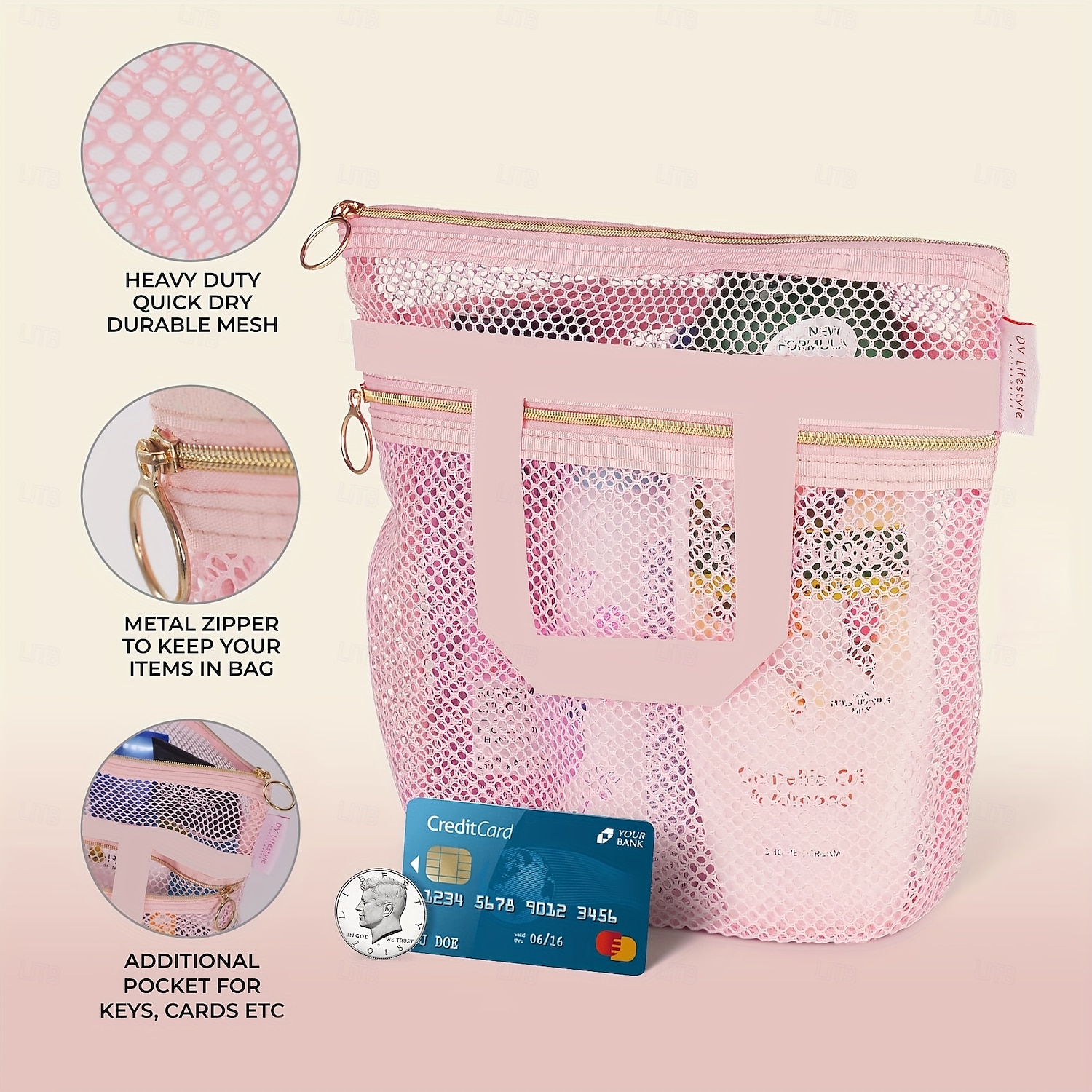 Beach Bag Mesh Shower Bag,Portable Shower Caddy Transparent Mesh Cosmetic and Toiletry Travel Organizer, Lightweight Mesh Sandproof Bag for Beach, Bathroom, or Gym – 3 Colors 2025 - $10.99 –P3