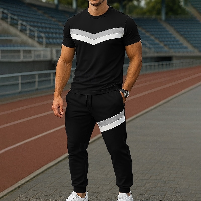 Herren T-Shirt Anzüge Hemd- und Hosensets 2-teiliges Outfit Kurzarm Rundhalsausschnitt Sommer Farbblock Mode Lässig Patchwork 2 teilig Urlaub Alltagskleidung Ausgehen Schwarz Grau Top T-Shirt für 2025 - $28.99 –P2