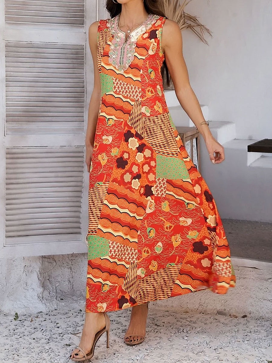 Damen Maxikleid A Linie Kleid Sommerkleid Urlaub Täglich Ferien Lässiger Schnitt Blumen Grafik Ärmellos V Ausschnitt Orange Sommer 2025 - $36.99 –P3
