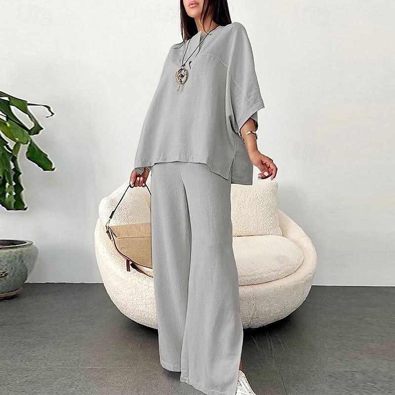 Femmes Mode Streetwear Chemises en coton et lin Ensembles en coton et lin Ensembles de Pantalons Manche 3/4 Col en V Uni Tenue quotidienne Date Blanche Beige Été Coupe régulière de 2025 ? $40.99 –P6