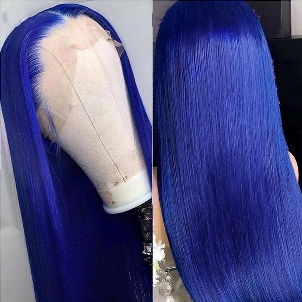 Parrucca frontale in pizzo blu 13x4 con capelli umani, parrucca frontale trasparente con capelli lisci, densità 150% del 2025 a $144.99 –P4