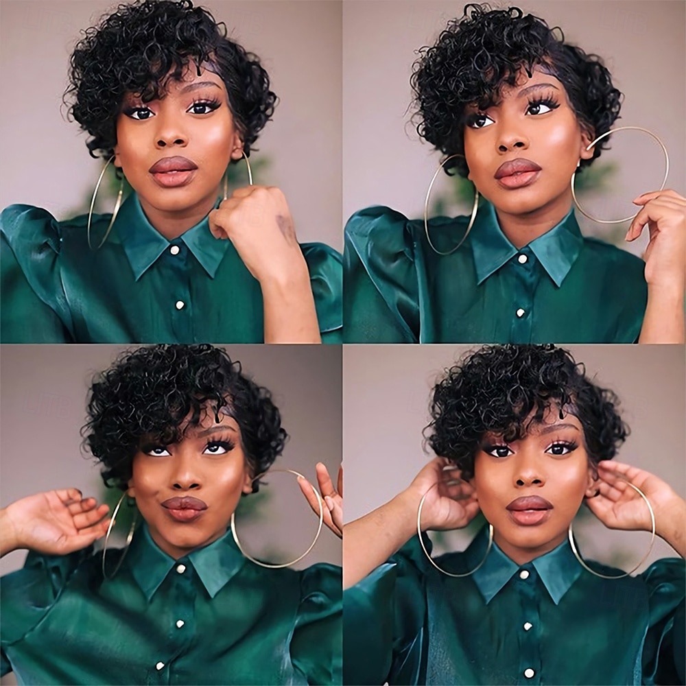 Parrucca bob con capelli umani, parrucche corte frontali in pizzo per donne nere, parrucca con capelli umani, taglio pixie, parrucca pre-pizzicata con parte a T e pizzo frontale con capelli per del 2025 a $66.99 –P1