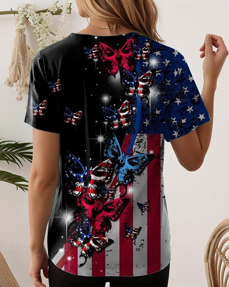 Camiseta patriótica de mujer del Día de la Independencia gráfica bandera vintage elegante clásica de manga corta cuello redondo tops regulares diaria fin de semana estampado negro blanco rojo azul 2026 - $22.99 –P5