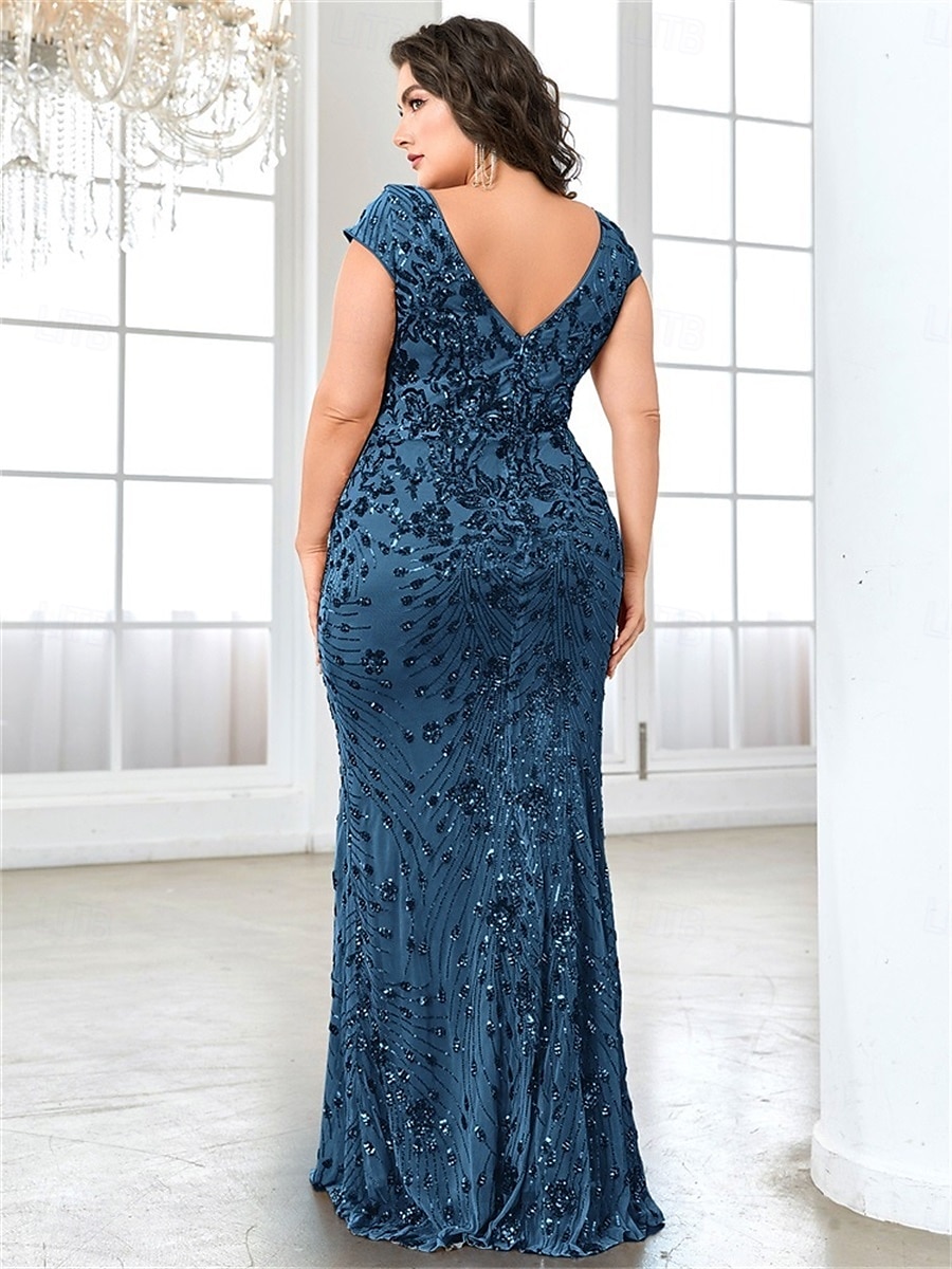 Mermaid / Trumpet Plus Size Dresses Elegant Curve Dress Formal Wedding Floor Length Short Sleeve V Neck Lace Backless with Sequin 2025 - $159.99 –P6
