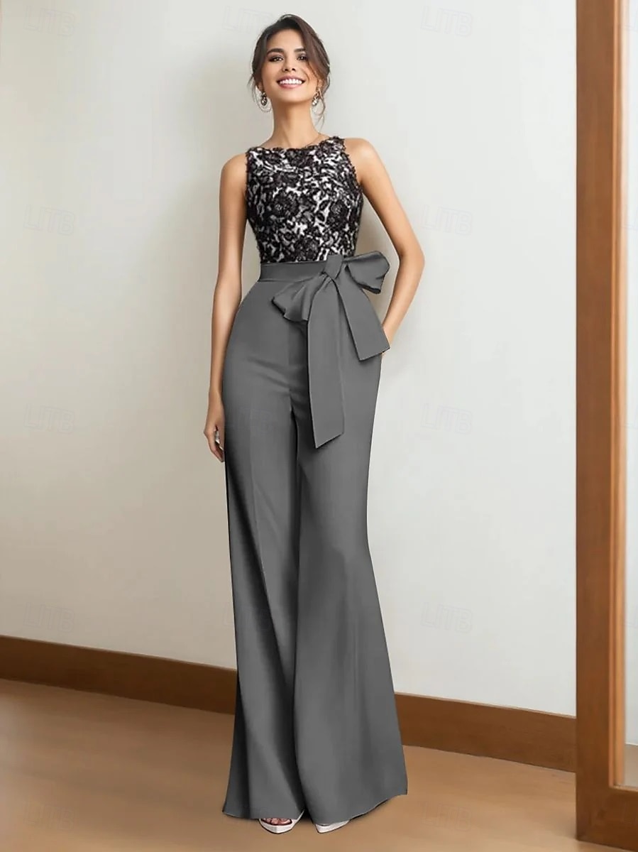 Combinaison / Tailleur-Pantalon Robe de Mère de Mariée  Formel robe demoiselle d honneur Élégant Simple Minimaliste Col ras du cou Longueur au sol Dentelle Tissu Extensible Sans manches avec Ceinture de 2025 ? $132.99 –P1