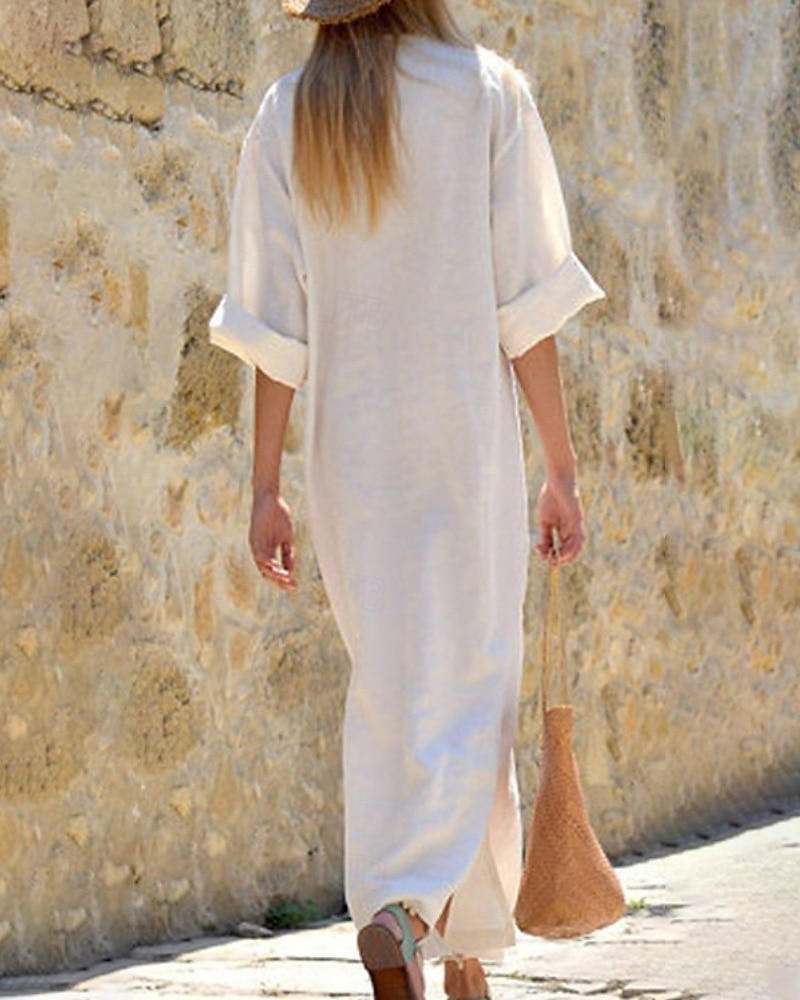 Damen Langes Kleid Maxikleid Baumwoll-Leinenkleid Klassisch Modern Urlaub Täglich Ferien Normale Passform Einfach Halbarm V Ausschnitt Schwarz Weiß Wein Dunkelgray Sommer 2025 - $28.99 –P2