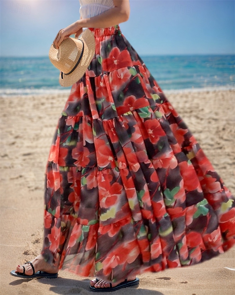 Dame Asiatisk størrelse الالتفاف Huske Lang Lengde Høst Maksi Høyt liv Skjørt Blomstret Fargeblokk Multi Layer Chiffon Trykt mønster Mikroelastisk Feriereise Fritid / hverdag Hvit Rosa Rød Blå Sommer 2025 - $27.99 –P7