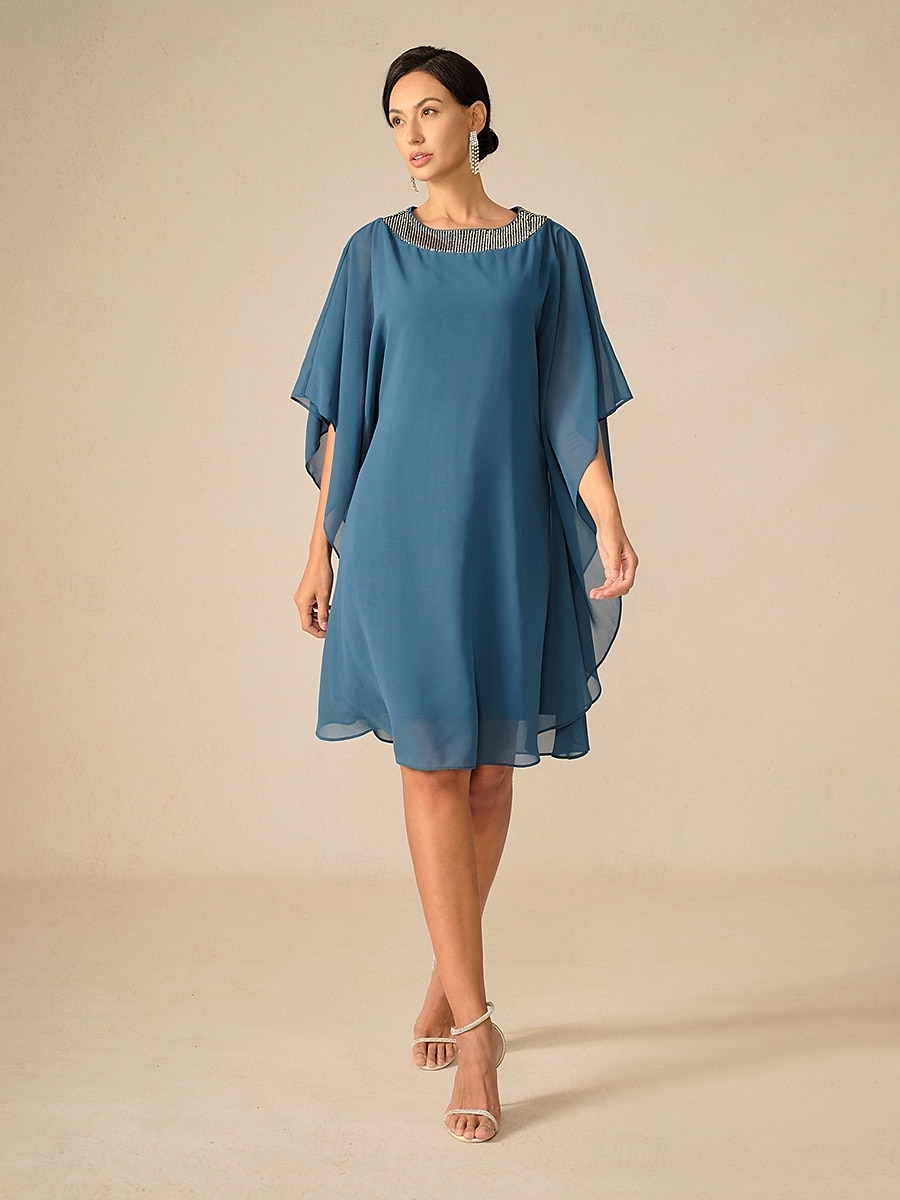 Damen Knielanges Kleid Chiffonkleid Elegant Party Einfarbig Halbarm Rundhalsausschnitt Blau Sommer Frühling Herbst 2025 - $79.99 –P1