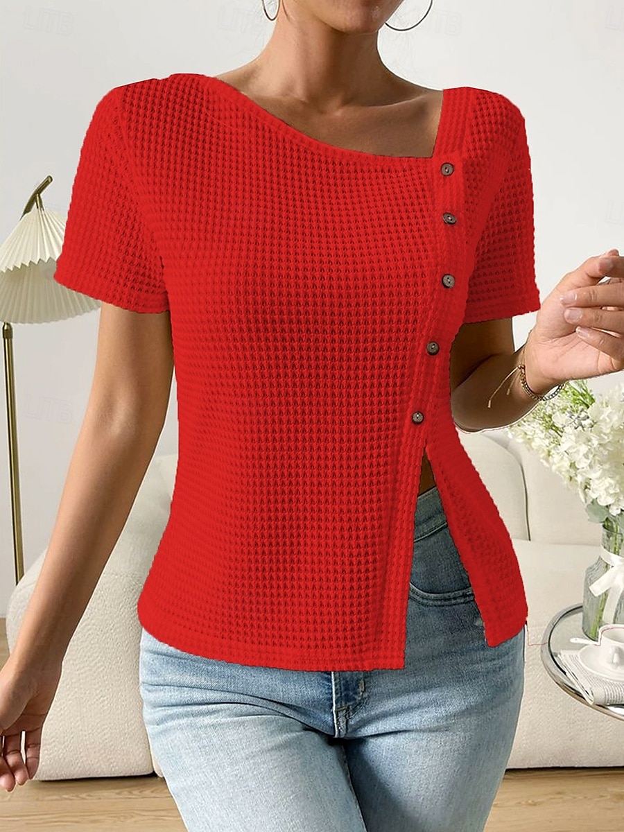 Dames Overhemd Effen Basic Casual Korte mouw Assymmetrisch V-hals Normale tops Dagelijks Knop Asymmetrisch Wit Rood Paars Zomer 2025 - $19.99 –P5