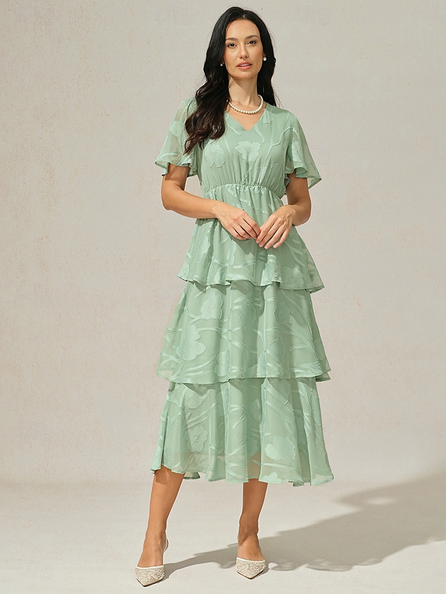 Dames Maxi-jurk A lijn jurk Elegant Formeel Flutter mouw Bruiloft gast Cocktailparty Normale pasvorm Effen Korte mouw V-hals Grijs-Groen Zomer 2025 - $59.99 –P1
