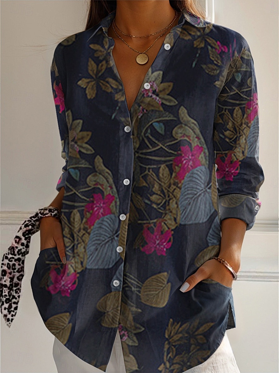 naisten boho-paita, puuvillainen pellavapaita, napitettava pusero, kukkakuvio, geometrinen kuviollinen, rento pitkähihainen paita, kuninkaansininen, violetti, khaki, toile, koti, juhla, elegantti, neutraali, päivittäinen paitakaulus, löysä istuvuus, S 2025 - $16.99 –P1