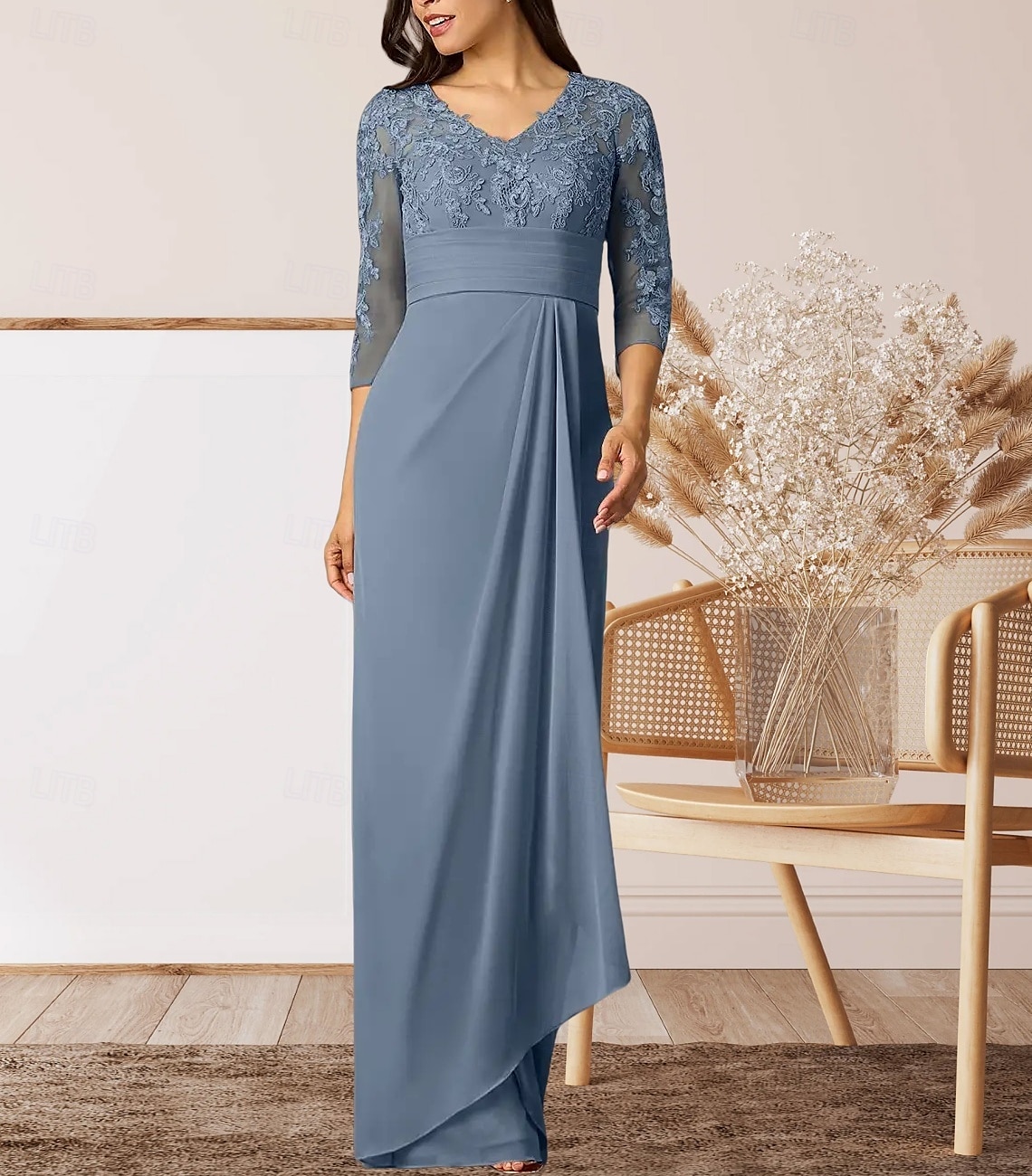 Säule  Kolonne Mutter der Braut Kleid Hochzeitsgast Elegantes Hoher Schlitz V-Ausschnitt Bodenlanges Chiffon 3/4 Länge Ärmel mit Rüschenapplikationen Raffung 2025 - $164.99 –P1