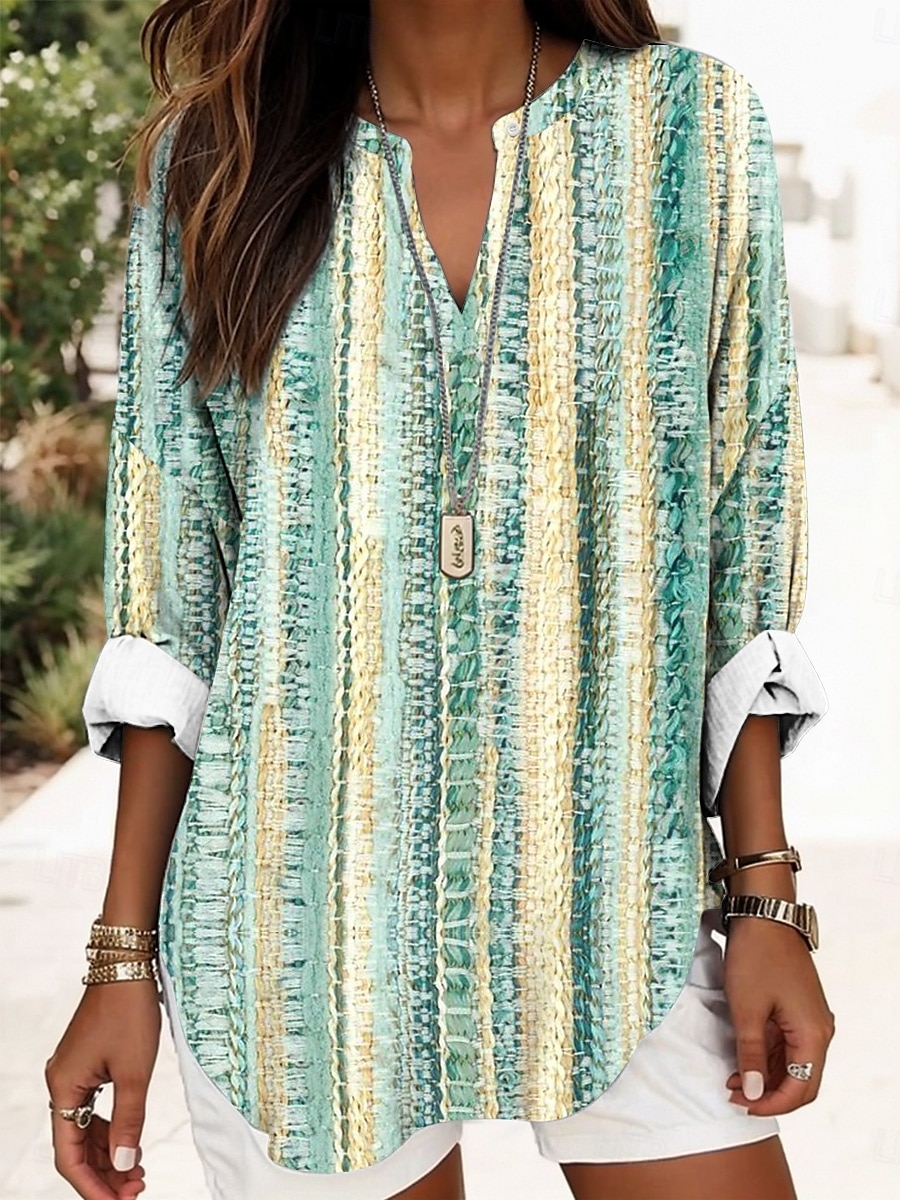 Women's Shirt Cotton Linen Shirt Blouse Graphic Striped Daily Hawaiian Business Long Sleeve V Neck Regular Tops Work Daily Holiday Buttons Print Black Blue Green Light Blue Summer Spring 2025 - $24.99 –P3