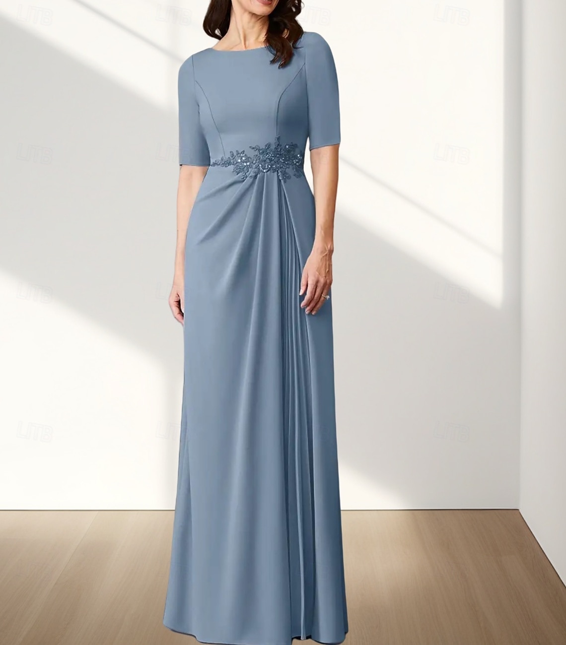 A-Linie Brautmutterkleid Hochzeitsgast Elegant Rundhalsausschnitt Bodenlang Chiffon Stretchstoff Halbarm mit Applikationen Raffung 2025 2025 - $157.99 –P4