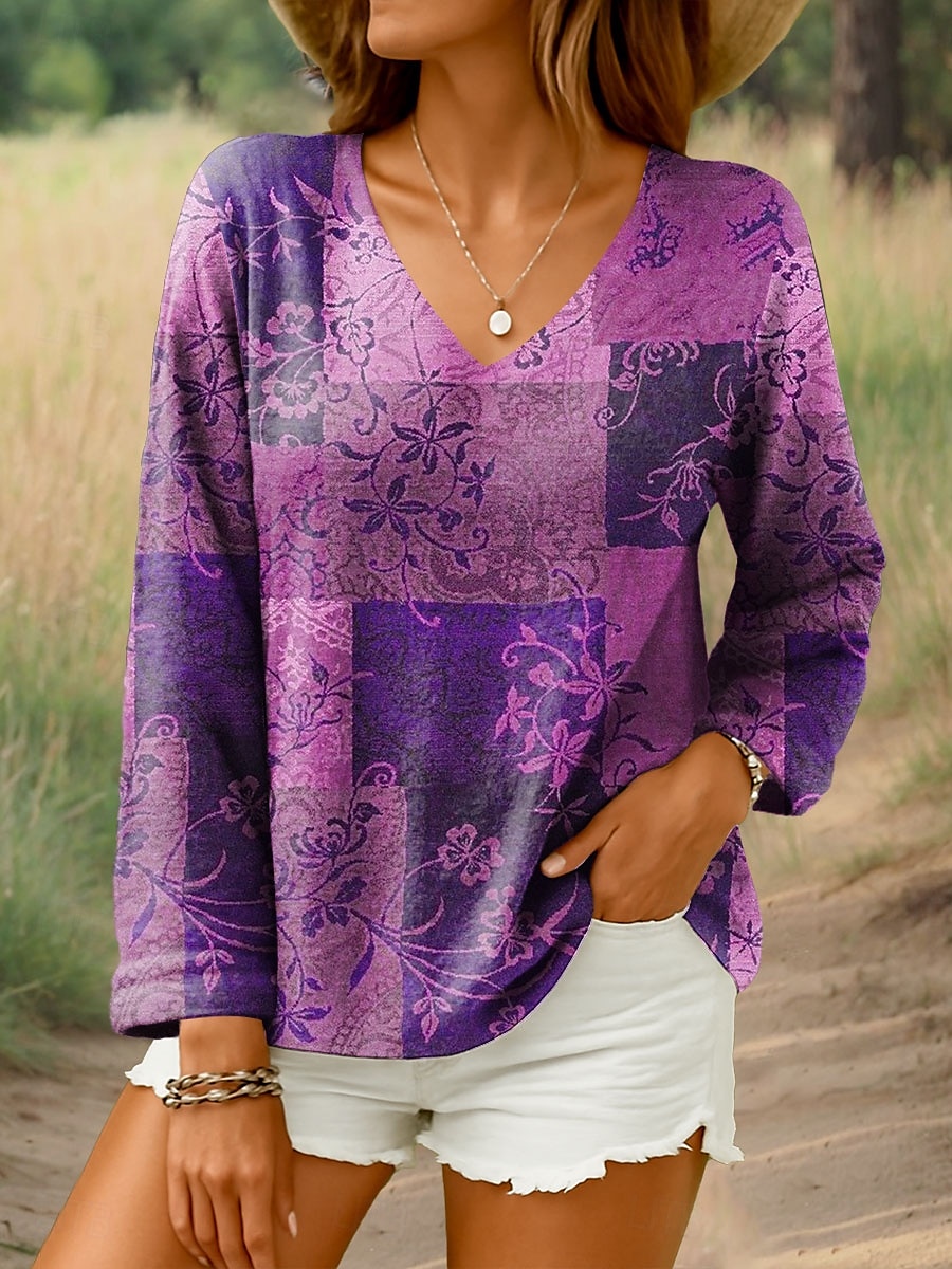 Femmes Chemisier Fleuri Graphique Géométrique Élégant Occasionnel manche longue Col en V Hauts Réguliers Quotidien Imprimé Violet Marron Vert Été Printemps de 2025 ? $24.99 –P3