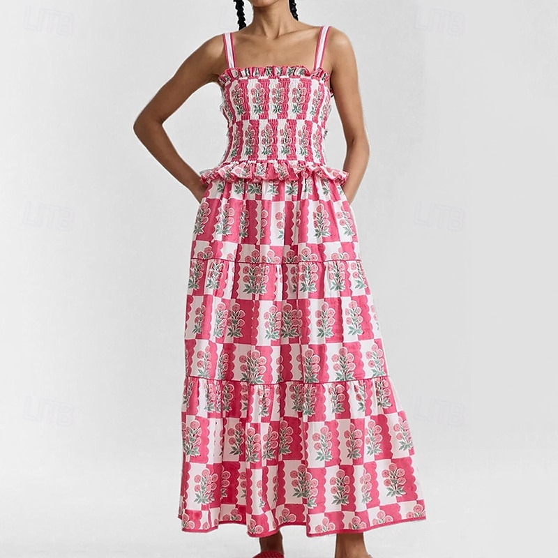 Damskie Sukienka midi Sukienka w kwiatki Sukienka Boho Sukienka z nadrukiem Moda Nowoczesny Na zewnątrz Urlop Święto Regularny Kwiat Bez rękawów Cienkie ramiączka Biały Rumiany róż Niebieski Lato 2025 - $25.99 –P2
