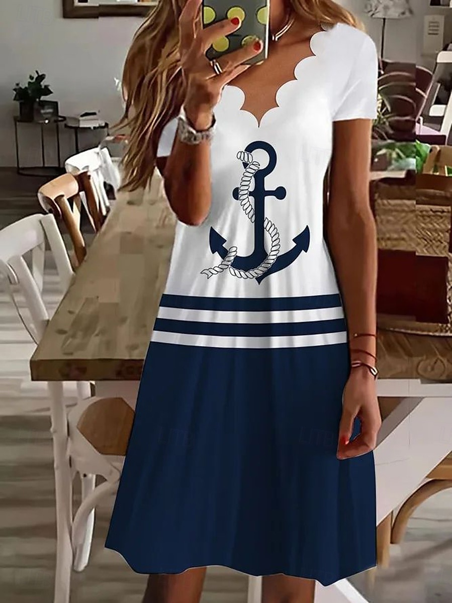 Damen Minikleid T-Shirt-Kleid A Linie Kleid Sommerkleid Lässig Täglich Normale Passform Grafik Geometrisch Kurzarm V Ausschnitt Marinenblau Sommer 2025 - $24.99 –P1