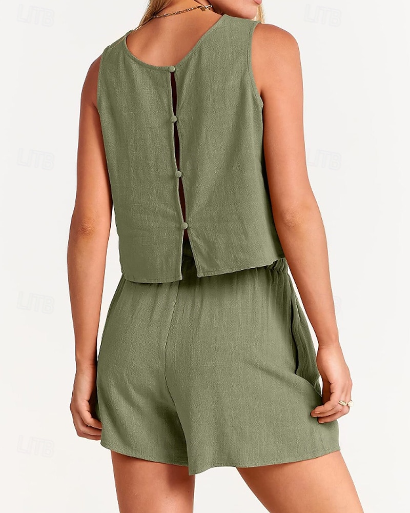 Damen Aktiv Basic Baumwoll-Leinen-Sets Bluse Shorts-Sets Ärmellos Rundhalsausschnitt Einfarbig Kordelzug Ausgehen Wochenende Schwarz Blau Orange Sommer Normale Passform 2025 - NZ $63.49 –P12