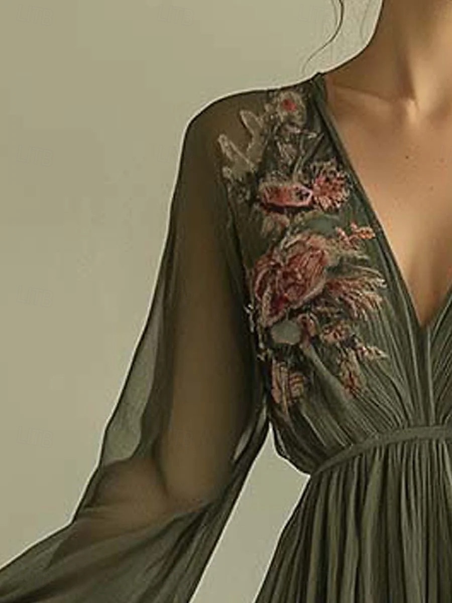 Femmes Robe maxi Robe trapèze Occasionnel Extérieur Sortir Coupe régulière Fleuri Graphique manche longue Col en V Vert Été de 2025 ? $41.99 –P4