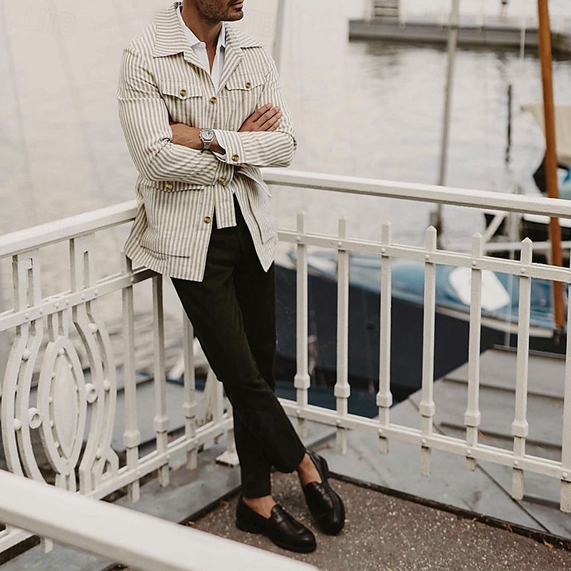 Homens jaqueta leve jaqueta de verão Jaqueta de Camisa Jaqueta de Transição Férias Diário Bolsos Verão Primavera Riscas Moda Clássico Lapela Padrão Rosa claro Azul Verde cáqui Casaco de 2025 por $30.99 –P3
