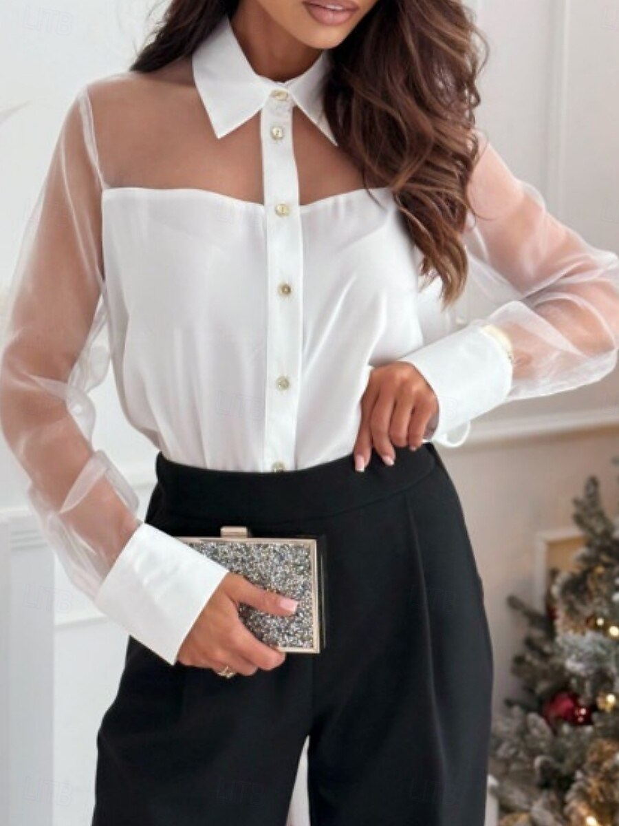 Pentru femei Cămașă Culoare solidă Elegant Stilat Casual Manșon Lung Guler Cămașă Topuri obișnuite Zilnic Plasă Brodat Nasturi Negru Alb Vară Primăvară 2025 - $19.99 –P2