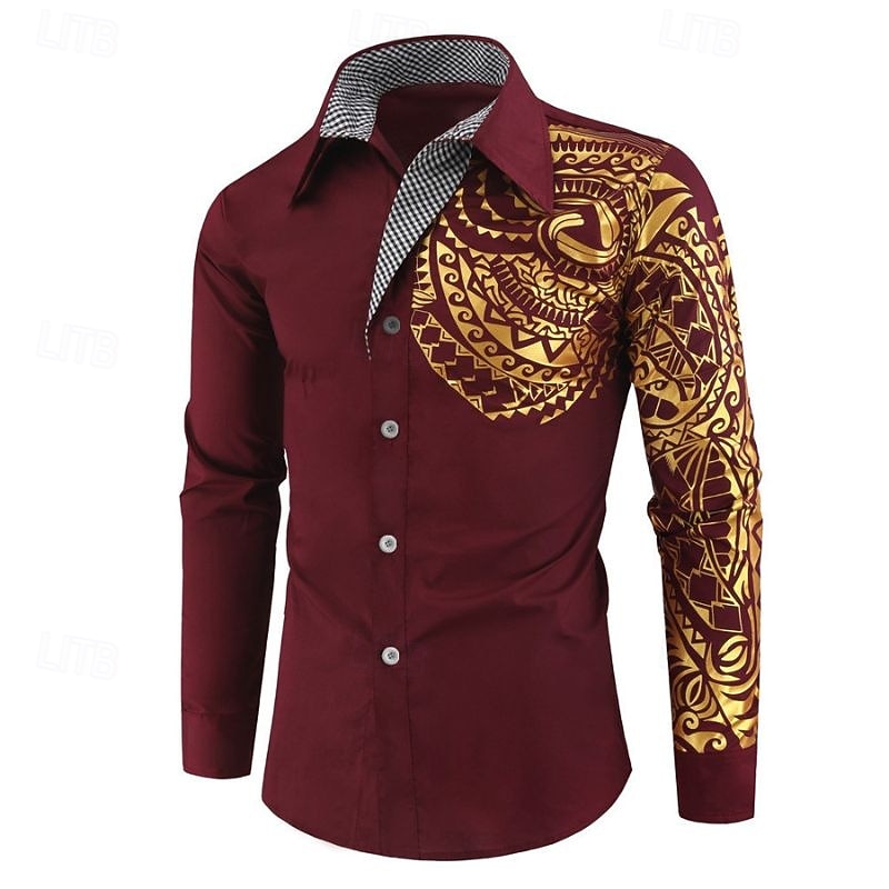 camicia casual da uomo con stampa totemica tribale, abbottonatura frontale, risvolto, maniche lunghe, ideale per feste, eventi sociali, compleanni, regalo, abbigliamento firmato. del 2026 a $27.99 –P7