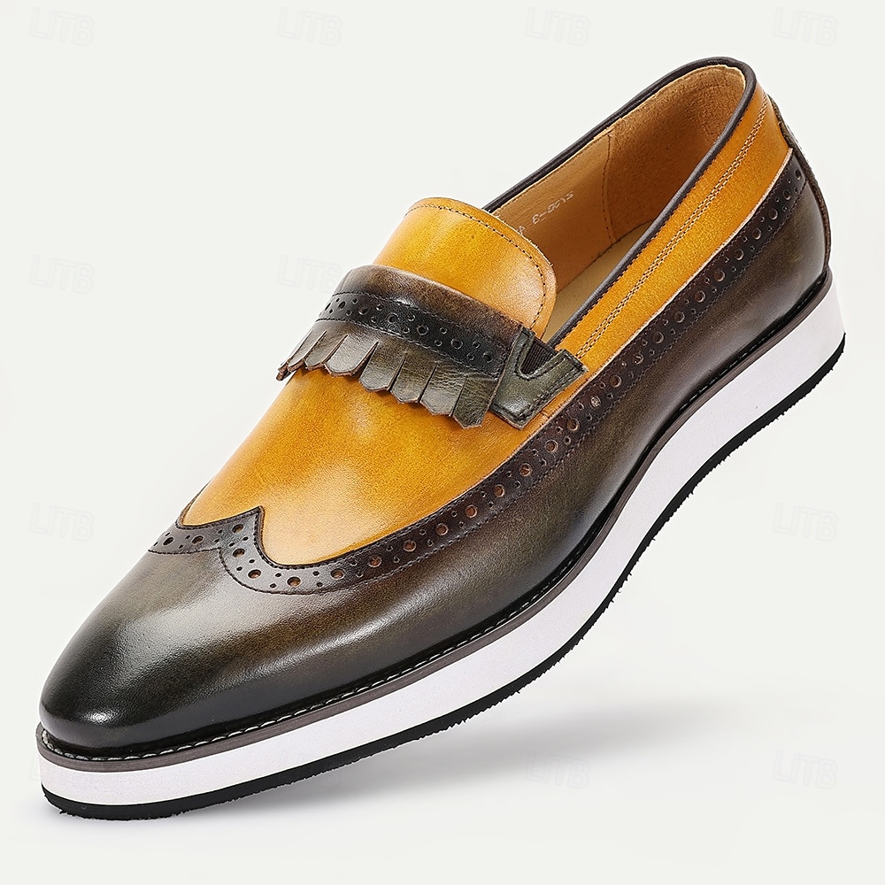 2026年 カジュアルやセミフォーマルなイベントに最適なスタイリッシュなストラップ付きのメンズプレミアムブラック＆イエローレザースリッポンローファー  コレクション – $99.99 –P1