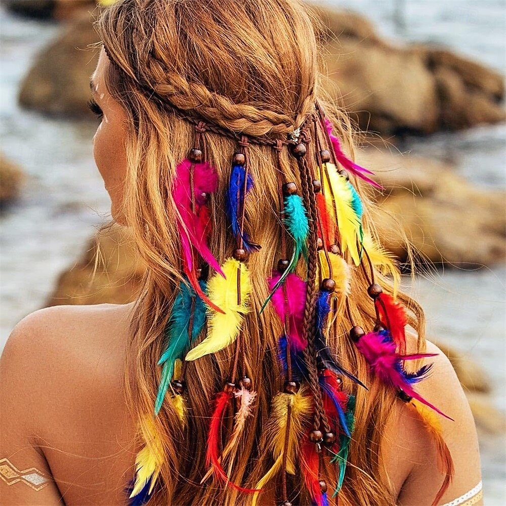Boho regnbue indiske pannebånd hippie fjærhodeplagg justerbart langt fjærhårtilbehør for kvinner og jenter 2025 - $15.49 –P17