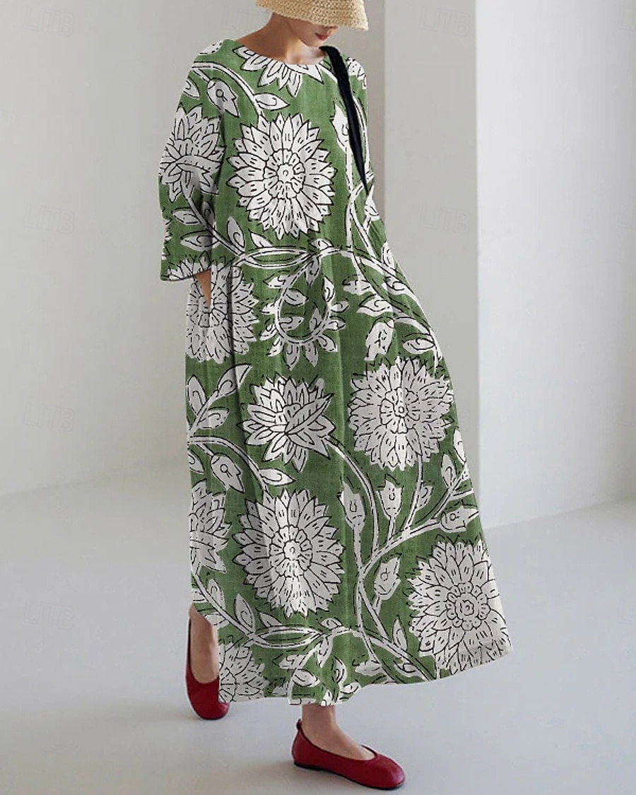Damskie Sukienka maxi Sukienka letnia Sukienka A line Letnie sukienki Urlop Codzienny Styl plażowy Codzienny Święto Wyjściowe Luźna Kwiaty Graficzny Długi rękaw Półgolf Łódeczka Niebieski Zielony 2025 - $36.99 –P5
