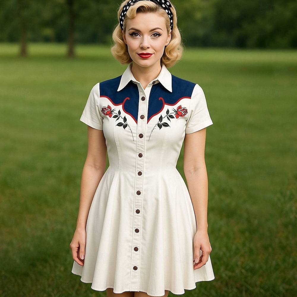 Retro 50. léta Mini Šaty na šaty Košilové šaty Kovbojka Tlačítko dolů 3D tisk Maškarní kostým Dámské Plesová maškaráda Dovolená Ležérní Čajový dýchánek Dospělé Šaty Léto 2025 - $29.99 –P4