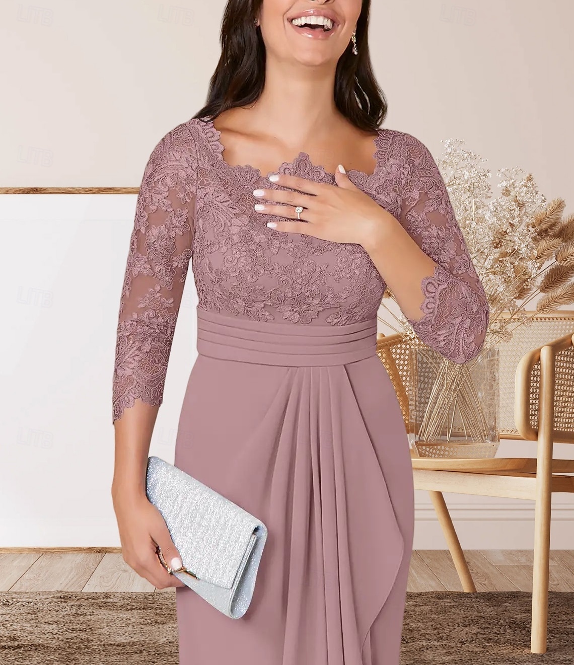 Sloupec  Sloupové šaty matky nevěsty Svatební Host Elegantní Čtvercový Krk Délka Podlahy Chiffon Krajka 3/4 Dlouhý Rukáv s Krajkovým Páskem  Stuhou Krepováním 2025 - $164.99 –P4